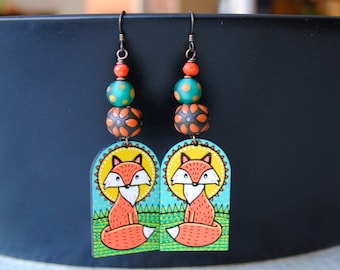 Orange Fox Earrings, Hand Painted Wood Earrings, Woodland Animal Lover Earrings, Light Weight, Floral Artisan Ceramic Jewelry