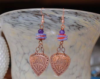 Ethnic Earrings, Copper Earrings, Lampwork Bead Earrings, Red Purple Earrings, Tribal Shield Earrings, Unique Boho Earrings, Clearance