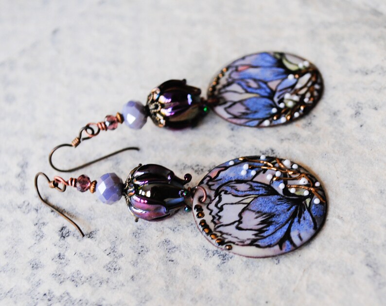 Purple Enamel Flower Earrings, Shiny Metallic Purple Rosebud Earrings, Floral Artisan Enamel Earrings, Lilac Earrings, Spring Earrings image 2
