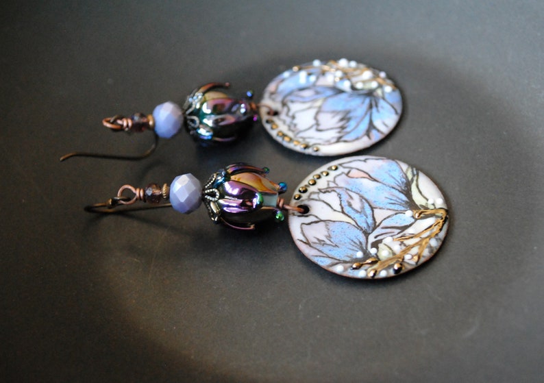 Purple Enamel Flower Earrings, Shiny Metallic Purple Rosebud Earrings, Floral Artisan Enamel Earrings, Lilac Earrings, Spring Earrings image 9