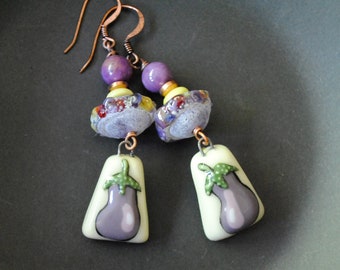 Purple Eggplant Earrings, Gardeners Gift, Artisan Porcelain, Cute Cheerful, Lampwork Bead Earrings, Colorful, Vegetable Plant Earrings, OOAK