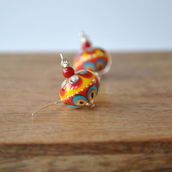 Red and Yellow Earrings, Lampwork Earrings, Glass Earrings, Colorful Earrings