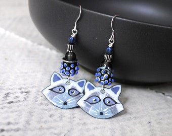 Gray Raccoon Earrings, Artisan Enamel Earrings, Animal Earrings, Blue Spotted Lampwork Glass Bead Earrings, Wildlife Earrings, Bohemian OOAK