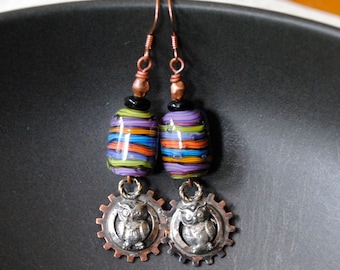 Metal Owl Earrings, Colorful Striped Halloween Earrings,Artisan Lampwork Earrings, Whimsical Bird Earrings, Clearance