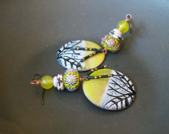 Sgraffito Enamel Earrings, Leaf Patterned Earrings, Pink Floral Earrings, Artisan Enamel Earrings, Pea Green Earrings, Lampwork Earrings