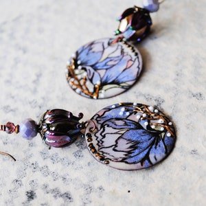 Purple Enamel Flower Earrings, Shiny Metallic Purple Rosebud Earrings, Floral Artisan Enamel Earrings, Lilac Earrings, Spring Earrings image 4