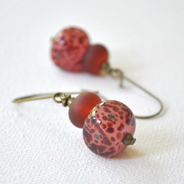 Speckled Red Pink Square Lampwork Bead Earrings