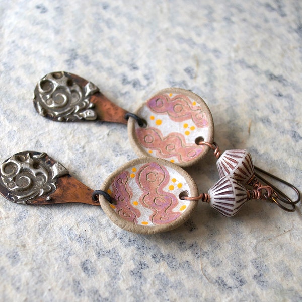 Earthy Stamped Solder Earrings, Textured Copper Earrings, Wavy Porcelain Earrings, Rustic Bohemian Teardrop Earrings, OOAK, Pinkish Rust