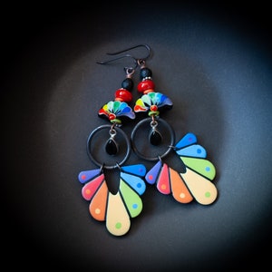 Vibrant Rainbow Fan Earrings, Colorful Artisan Lampwork Earrings, Long Light Weight, Teardrop Onyx Earrings, Funky Bold OOAK, Eye-Catching image 1