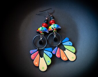 Vibrant Rainbow Fan Earrings, Colorful Artisan Lampwork Earrings, Long Light Weight, Teardrop Onyx Earrings, Funky Bold OOAK, Eye-Catching