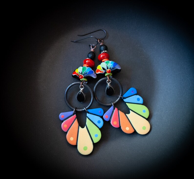 Vibrant Rainbow Fan Earrings, Colorful Artisan Lampwork Earrings, Long Light Weight, Teardrop Onyx Earrings, Funky Bold OOAK, Eye-Catching image 1