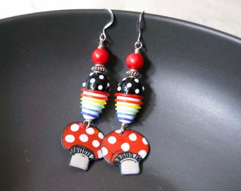 Vibrant Magical Mushroom Earrings, Cheerful Enamel Woodland Earrings, Rainbow Striped Lampwork Earrings, Whimsical Polka Dot Earrings, OOAK