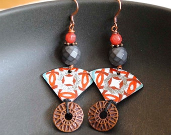 Geometric Earrings, Red Earrings, Artisan Enamel Earrings, Funky Earrings, Ethic Earrings, Textural Copper Earrings, OOAK, Clearance