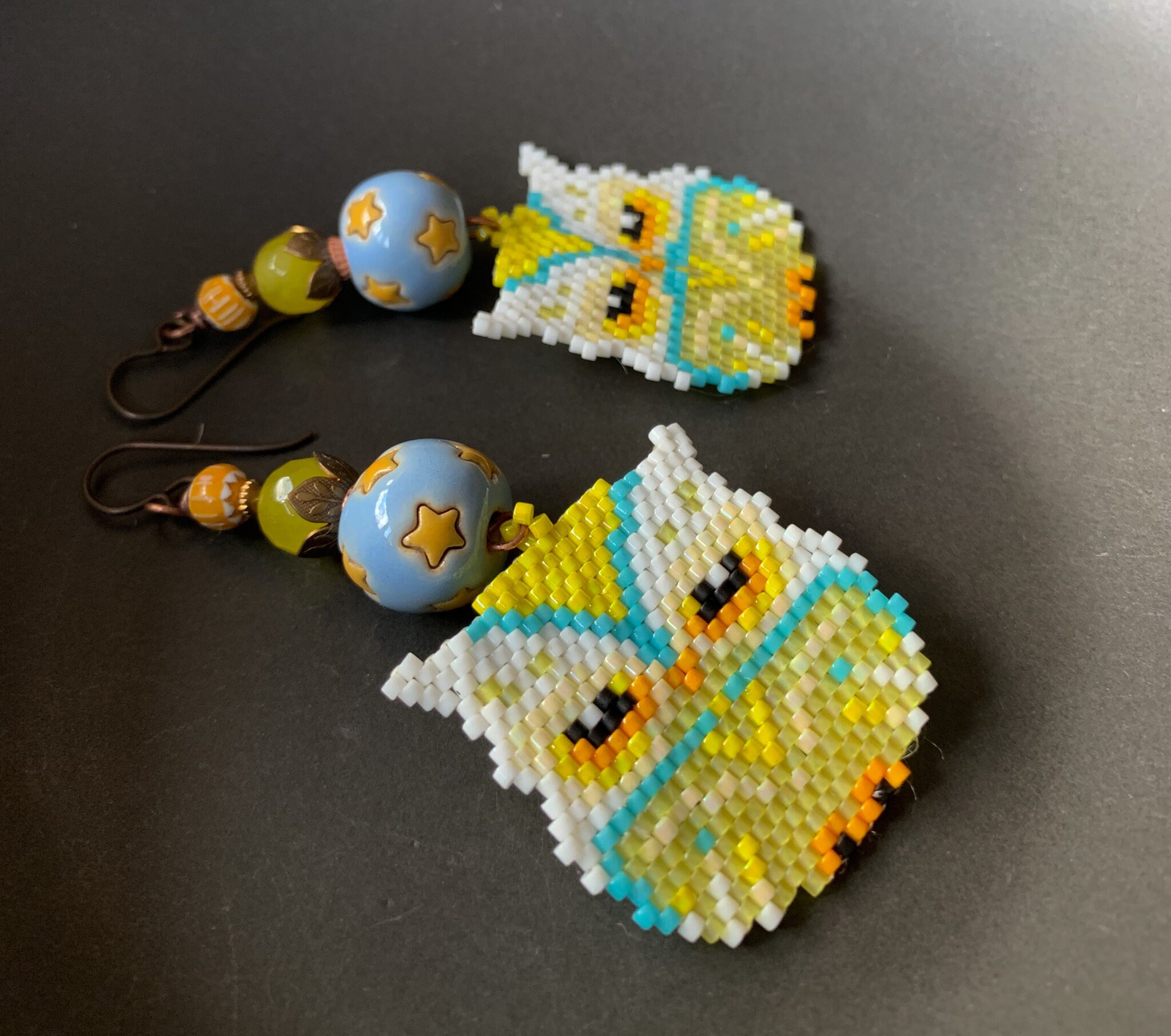 Beaded Owl Earrings, Yellow Owl Earrings, Beaded Bird Earrings