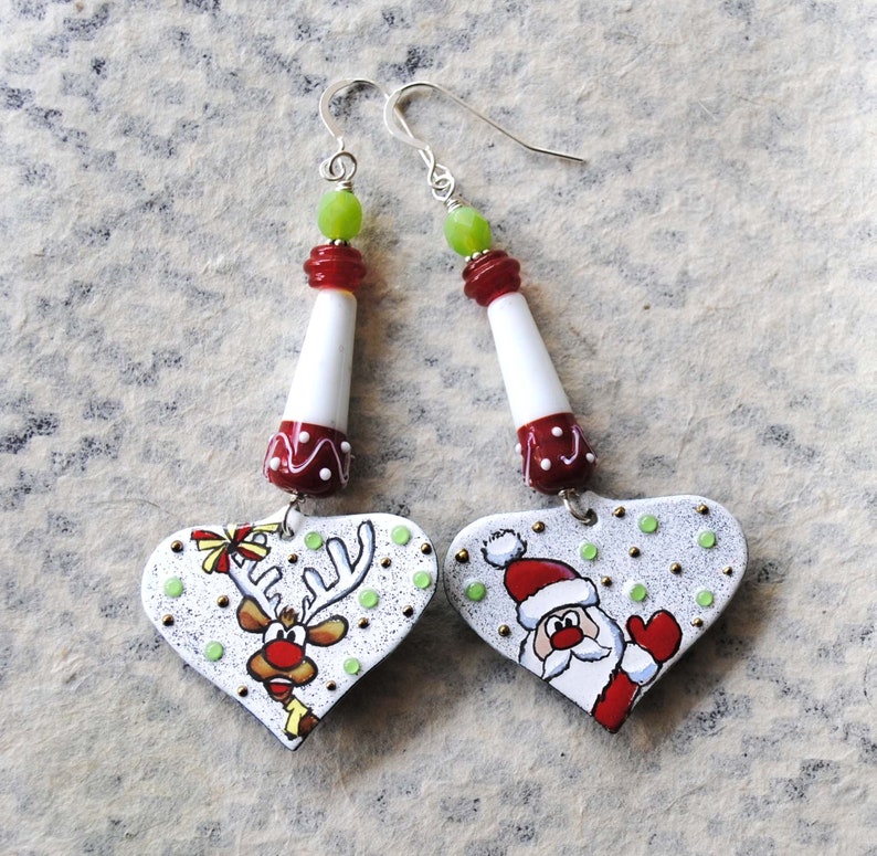Santa Claus Earrings, Rudolph Enamel Earrings, Mismatched Reindeer Earrings, Christmas Holiday Earrings, Whimsical Festive Earrings, OOAK image 3