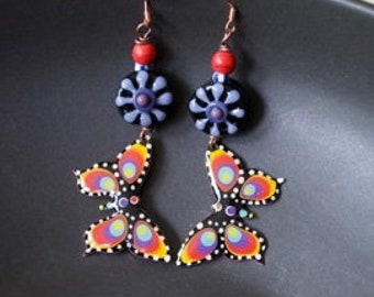 Colorful Butterfly Earrings, Hand Painted, Purple Spring Flower Bead Earrings, Polka Dot Earrings, Floral Earrings, OOAK Insect Jewelry