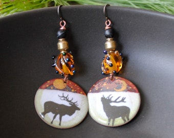 Stag Enamel Earrings, Rustic Earthy Woodland Earrings, Animal Lover Gift, Amber Lampwork Earrings, Celestial Moon Earrings, OOAK, Winter