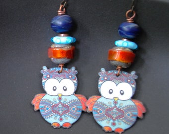 Enamel Wise Owl Earrings, Blue Paisley Earrings, Bird Lover Gift, Orange Lampwork Bead Earrings, Artisan Enamel, OOAK Bohemian Owl Earrings