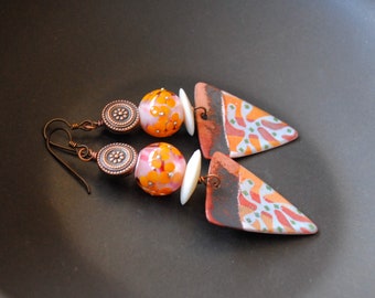 Miro Triangle Enamel Earrings, Modern Abstract Earrings, Artisan Enamel, Orange Lampwork Bead Earrings, Rustic Boho Dangles, OOAK