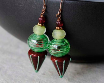 Striped Earrings, Christmas Earrings, Red Green Earrings, Modern Geometric Earrings, Red Tinsel Earrings, Lampwork Bead Earrings, Clearance