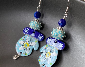 Blue Christmas Mitten Earrings, Floral Gloves, Artisan Enamel Earrings, Whimsical Earrings, Holiday Jewelry, Fun Festive Winter Earrings