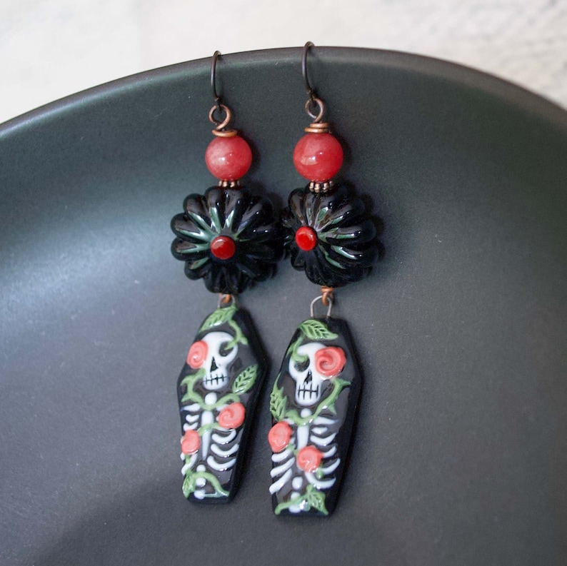 Black Lampwork Flower Earrings Black Coffin Earrings OOAK Spooky Red Rose Earrings Day of Dead Earrings Porcelain Skeleton Earrings