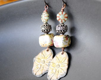 Charming Rustic Flower Earrings, Yellow Pewter Drops, Artisan Unique, Floral Cube Earrings, Pale Pastel, OOAK Bohemian, Flower Lover Gift