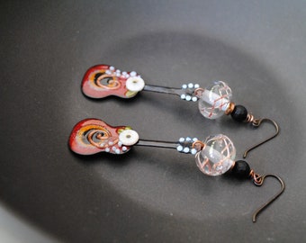 Red Guitar Earrings, Musical Instrument Jewelry, Artisan Enamel Earrings, Floral Earrings, Music Lover Gift, OOAK Lampwork Bead Earrings