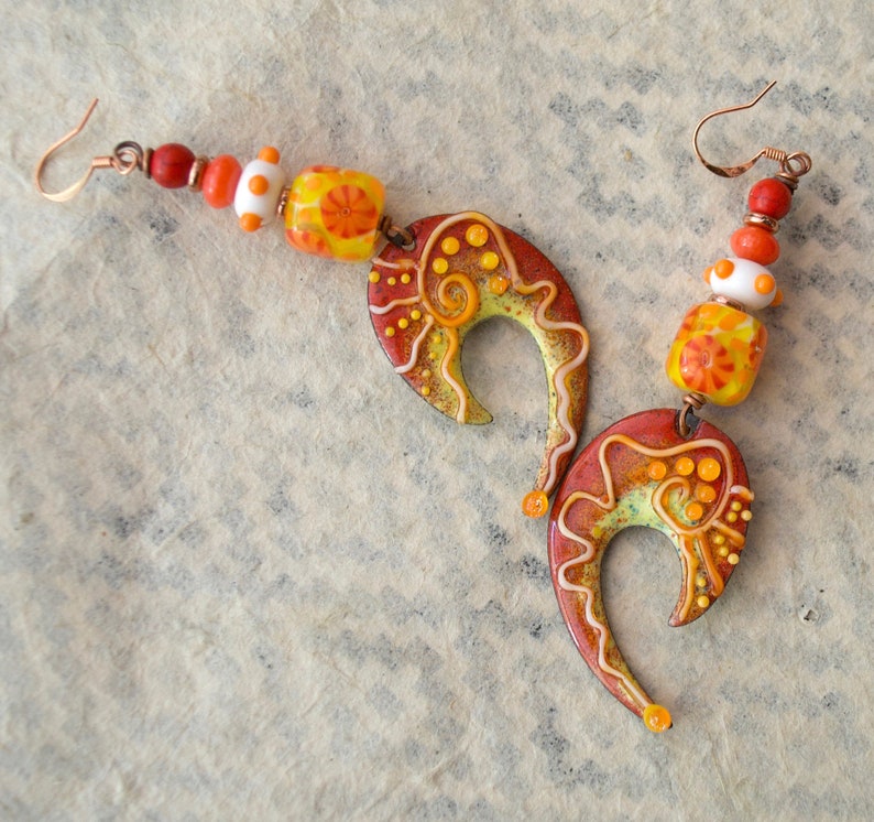 Funky Bold U Earrings Orange Hook Shaped Enamel Earrings Spotted Earrings Eye Catching Statement Earrings Artisan Lampwork Earrings