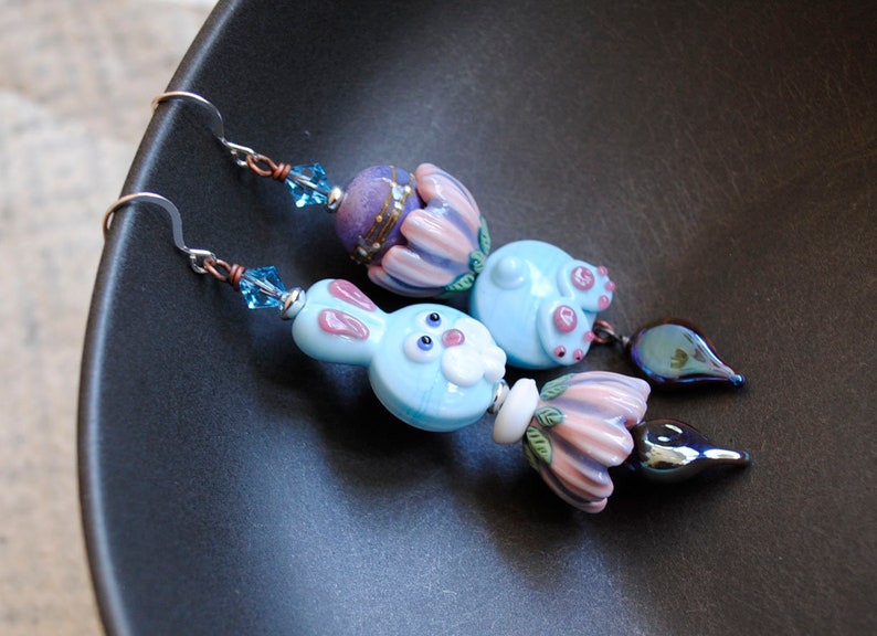 OOAK Pink Flower Earrings Artisan Ceramic Colorful Pastel Earrings Cute Easter Bunny Earrings Blue Rabbit Whimsical Rabbit Earrings