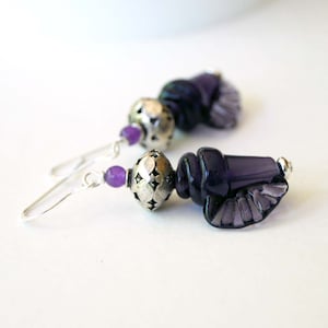 Conch Shell Earrings, Nautical Earrings, Purple Shell Earrings, Beaded Earrings, Ocean Beach Earrings, Dark Purple Lampwork Glass Earrings, image 1