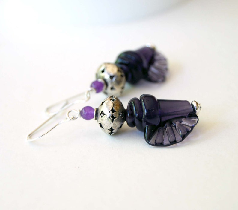 Conch Shell Earrings, Nautical Earrings, Purple Shell Earrings, Beaded Earrings, Ocean Beach Earrings, Dark Purple Lampwork Glass Earrings, image 1