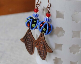Tribal Earrings, Copper Earrings, Colorful Lampwork Earrings, Modern Ethnic, Geometric Pattern, Boho Chic, OOAK Afrocentric, Clearance
