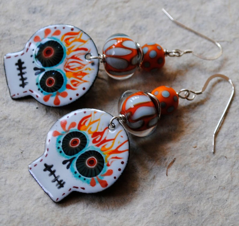 Day of the Dead Calaveras Jewelry Artisan Enamel Flames Flaming Skull Earrings Halloween Jewelry Sugar Skull Earrings Polka Dots