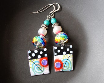 Mod Abstract Enamel Earrings, Vibrant Colorful Artisan Enamel, Pop Art Earrings, Polka Dot  Rainbow Lampwork Earrings, Pearl Earrings, OOAK