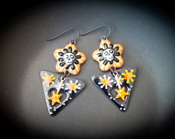 Halloween Skull Earrings, Orange Porcelain Flower Earrings, Black Artisan Enamel, Sugar Skull Earrings, Dias de los Muertos Earrings, OOAK