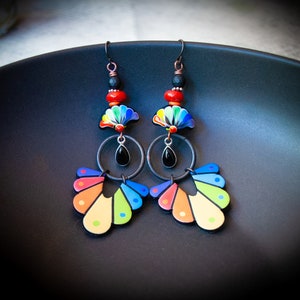 Vibrant Rainbow Fan Earrings, Colorful Artisan Lampwork Earrings, Long Light Weight, Teardrop Onyx Earrings, Funky Bold OOAK, Eye-Catching image 4