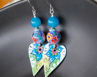 Aqua Blue Floral Heart Earrings, Artisan Enamel, Purple Orange Lampwork Earrings, Spring Easter Jewelry, Romantic Sweetheart Gift, OOAK