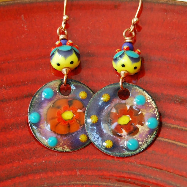 SALE, Bright Summer Earrings, Colorful Earrings, Enamel Earrings, Lampwork Bead Earrings, Boho Hippie Earrings, Flower Earrings