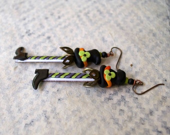 Halloween Enamel Witch Earrings, Black Lampwork Witch Hat Earrings, Striped Artisan Enamel Earrings, Green Floral Earrings, Whimsical OOAK