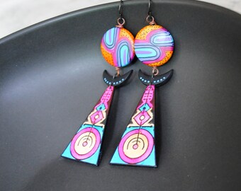 Vibrant Crescent Moon Earrings, Mystical Celestial Earrings, Bold Triangle Earrings, Unique OOAK Long Light Weight, Ethnic Tribal Rune Drops