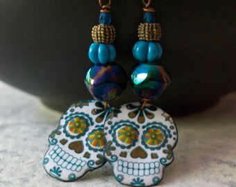 Blue Sugar Skull Earrings, Day of Dead Calaveras Earrings, Artisan Enamel Earrings, OOAK Halloween Earrings, Shiny Metallic Glass Earrings