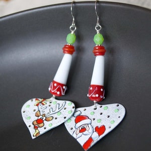 Santa Claus Earrings, Rudolph Enamel Earrings, Mismatched Reindeer Earrings, Christmas Holiday Earrings, Whimsical Festive Earrings, OOAK image 2