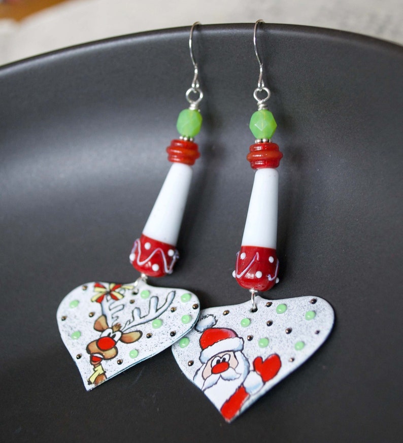 Santa Claus Earrings, Rudolph Enamel Earrings, Mismatched Reindeer Earrings, Christmas Holiday Earrings, Whimsical Festive Earrings, OOAK image 2