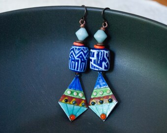 Ethnic Geometric Enamel Earrings, Blue Polymer Clay Earrings, Funky Colorful Earrings, Kite Diamond Shaped, Amazonite Bcone Earrings