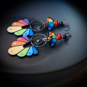 Vibrant Rainbow Fan Earrings, Colorful Artisan Lampwork Earrings, Long Light Weight, Teardrop Onyx Earrings, Funky Bold OOAK, Eye-Catching image 8