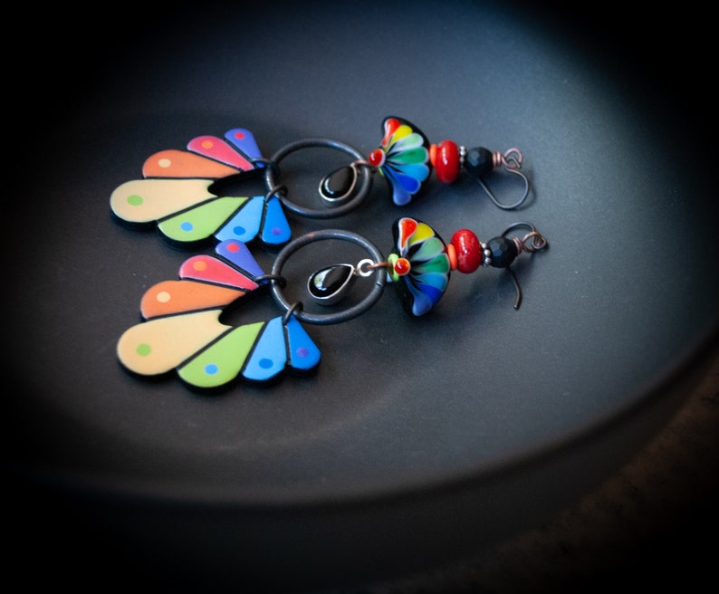 Vibrant Rainbow Fan Earrings, Colorful Artisan Lampwork Earrings, Long Light Weight, Teardrop Onyx Earrings, Funky Bold OOAK, Eye-Catching image 8