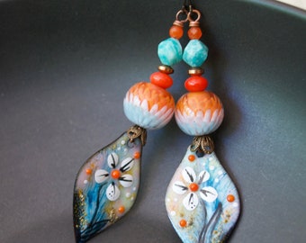 Floral Artisan Enamel Earrings, Daisy Earrings, Bohemian Garden Party Earrings, OOAK, Orange Lampwork Flower Earrings, Unique Spring