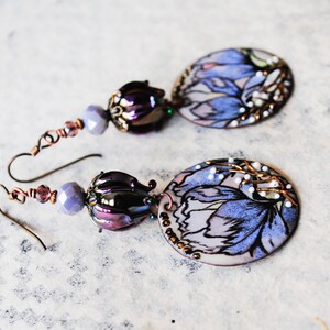 Purple Enamel Flower Earrings, Shiny Metallic Purple Rosebud Earrings, Floral Artisan Enamel Earrings, Lilac Earrings, Spring Earrings image 8