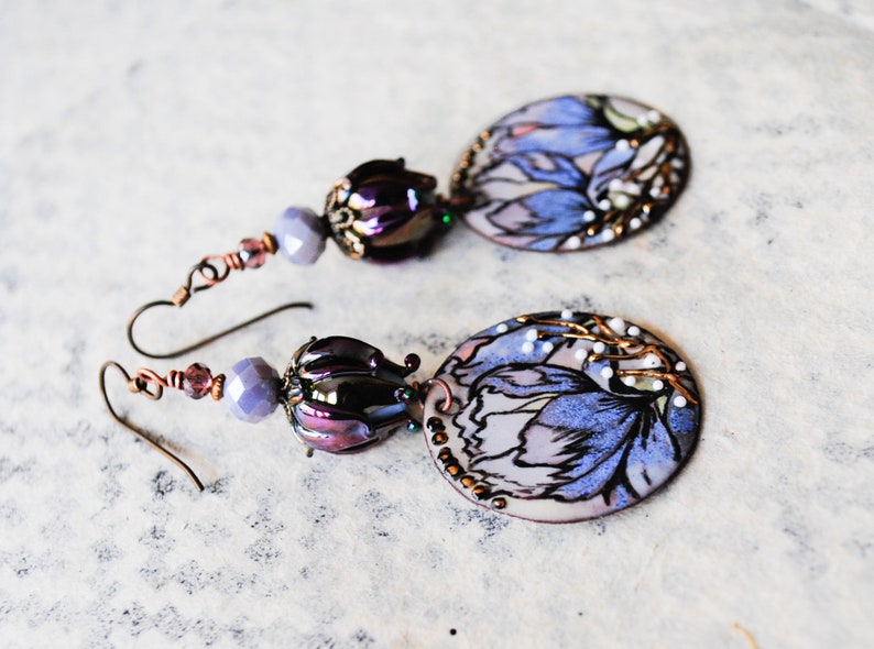 Purple Enamel Flower Earrings, Shiny Metallic Purple Rosebud Earrings, Floral Artisan Enamel Earrings, Lilac Earrings, Spring Earrings image 8